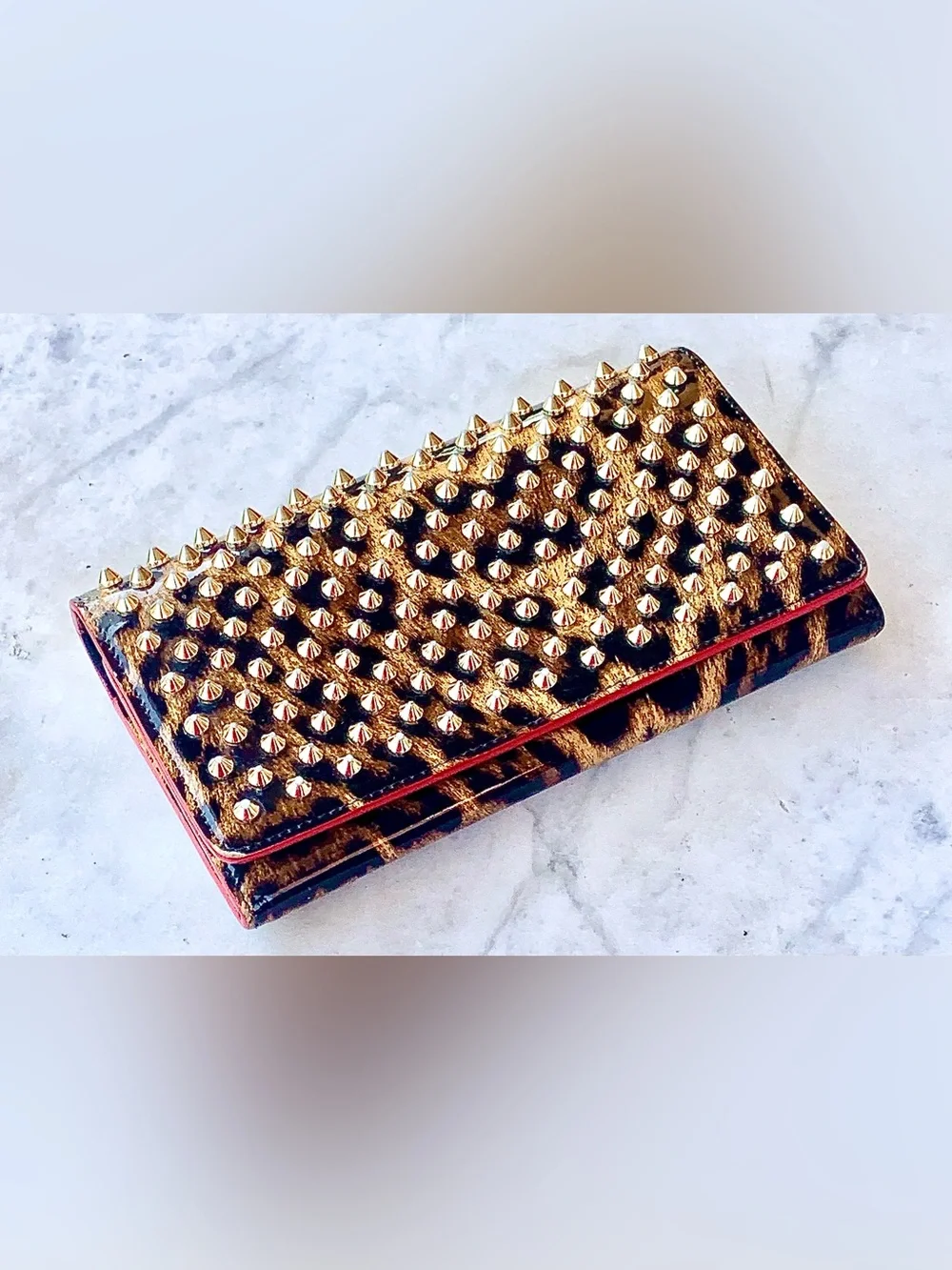 CHRISTIAN LOUBOUTIN MACARON PATENT SPIKED FLAP WALLET CLUTCH LEOPARD WRISTLET